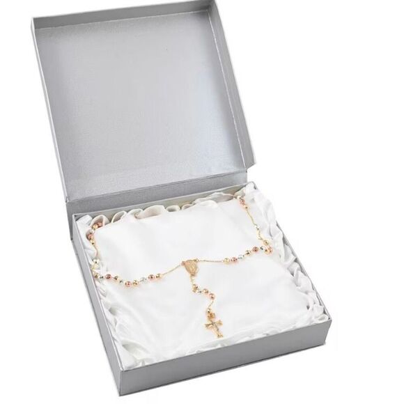 Rosary Style 26 Inch Cross Gold Vermeil Cross Beaded Necklace Tri Color New - Picture 2 of 4